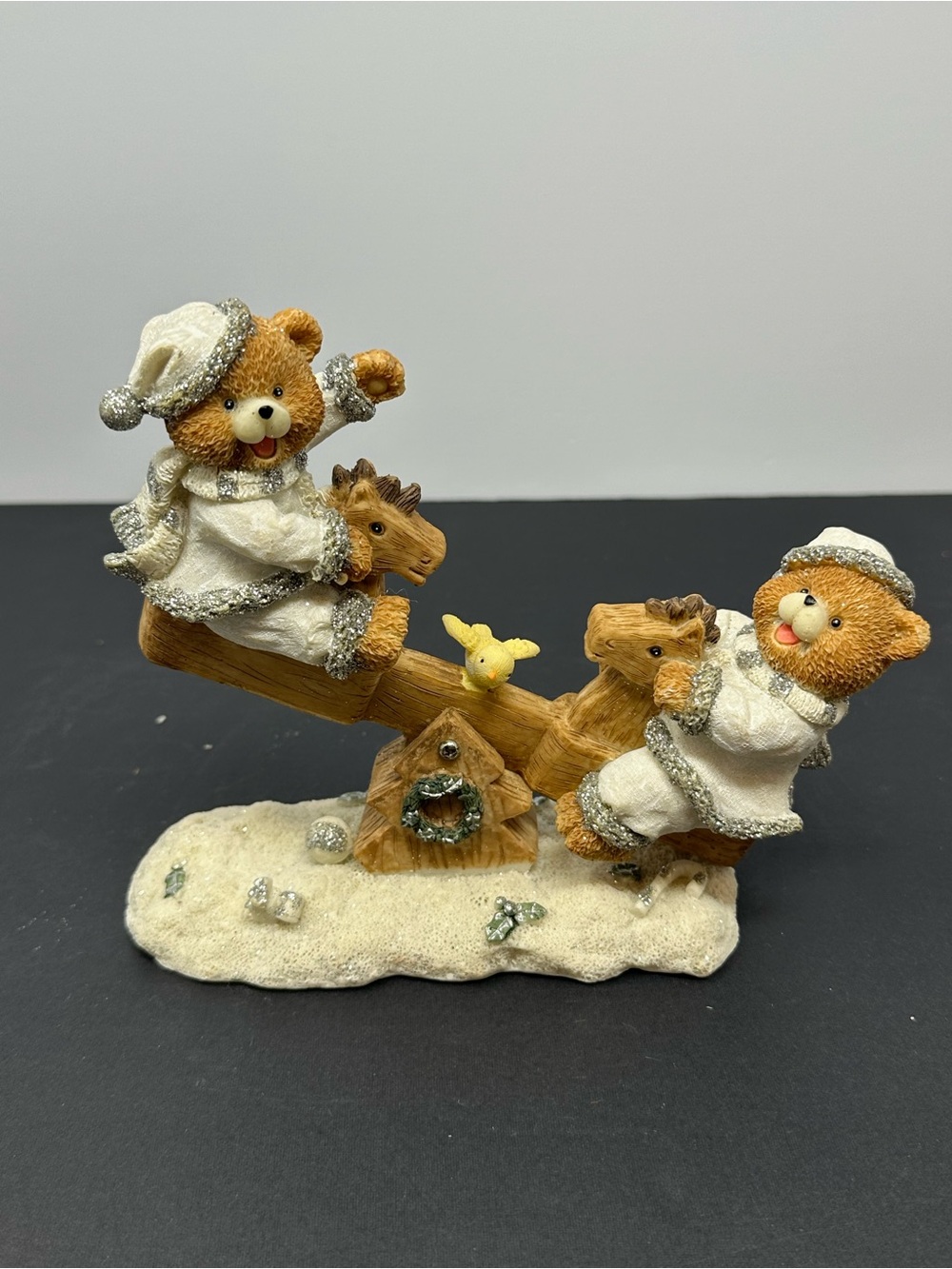 Cherished Teddies‎ On Seesaw With A Bird Christmas Holiday Sparkle Snow Decor A1